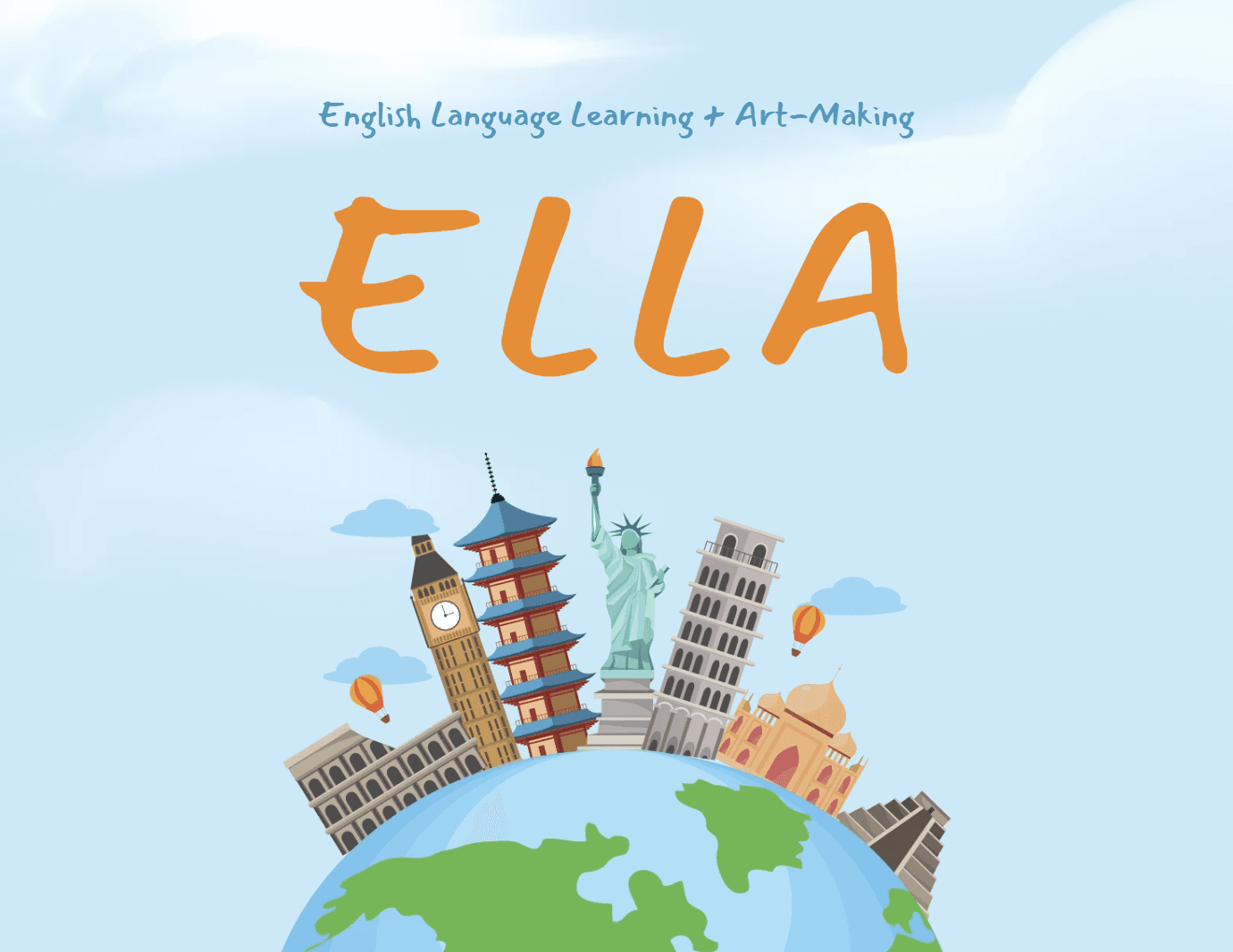 ELLA graphic: English Language Learning + Art-Making over a globe of world landmarks
