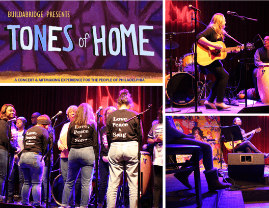 Tones of Home concert: singers on stage, a guitarist, and the event flyer